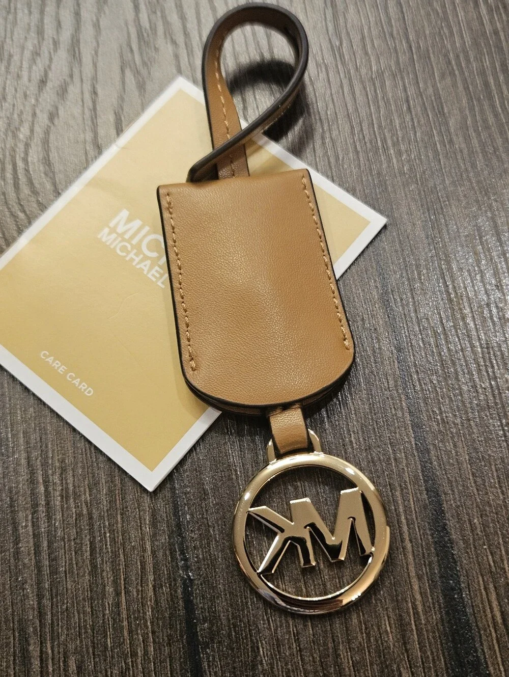 NEW Michael Kors MK Logo Leather Mirella Bag Charm Keychain Tan Gold
